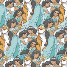 Disney Princess Jasmine and Rajah Packed on Teal Blue Cotton Fabric By The Yard