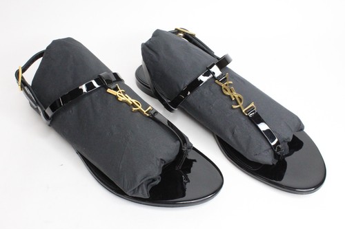 Saint Laurent Cassandra Flat Sandals Black Patent Leather EU 37.5 US 7.5 659817 - Picture 3 of 18