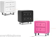 Nightstand Faux Leather Crystal Tufted Foam Padded Upholst. White, Black Or Pink