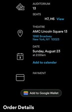 The Odyssey IMAX 70mm AMC Lincoln Square Sun 8/23 2AM - Row H Pair 2 Seats