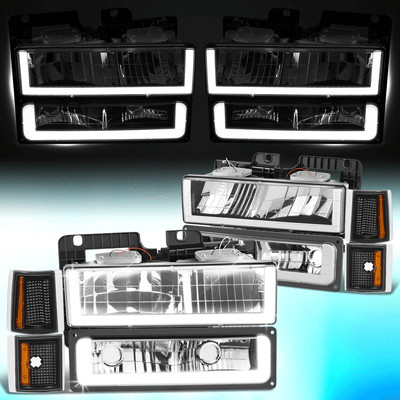 For 1994-2000 GMC C/K Pickup Suburban Yukon U-LED Bar DRL Headlights Black/Amber
