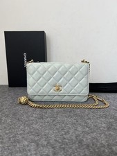 Auth Chanel Camellia WOC Crossbody Bag Light Mint Green Lambskin Gold Hardware