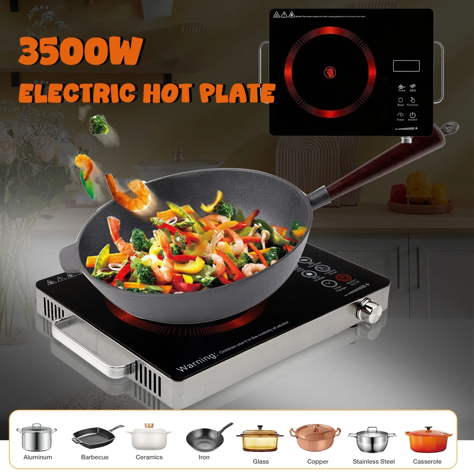 3500W Electric Hot Plate Ceramic Induction Cooktop Portable Stove 110V