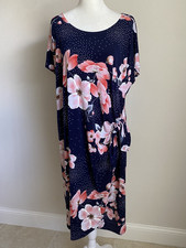 Robbie Bee Womens 1X Navy Blue w Pink Floral Print Dress Tie Waist