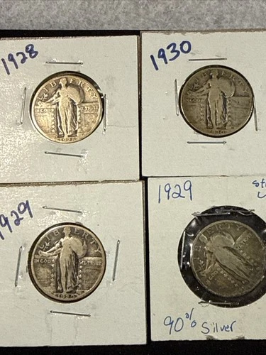 Lot of 4 Standing Liberty Quarters 90% Silver 1928,1929x2,1930 Low Grade Junk