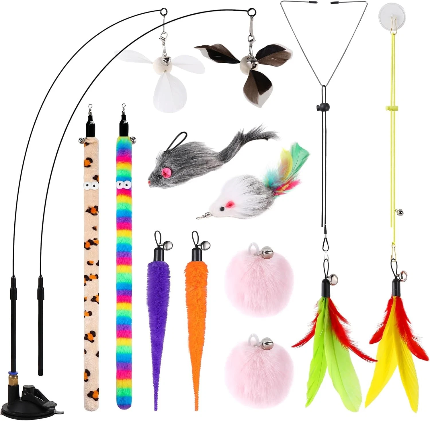 4-in-1 Interactive Cat Wand Toy,12Pcs Durable Fishing Pole Cat Feathers Toys