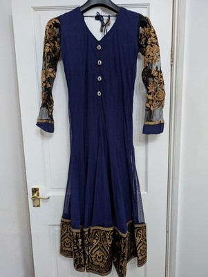 Indischer Anarkali Anzug 3-teilig dunkelblau gold schwarz Spitze bestickt Hochzeit Party