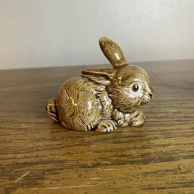 Mini Rabbit Bunny figurine Hand Painted MCM Glazed One Ear Up Small Hare