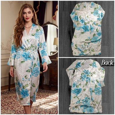 Delicates Bata Larga Cinturón Estampado Floral Satén Blanca Mujer Talla Mediana 