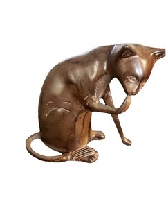 Vintage Brass 9 Inch Cat Licking Paw Figurine Sculpture Bronze Finish