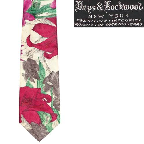 Vintage Keys & Lockwood Baumwolle Krawatte Krawatte Mod Floral weiß rot Frühling Ostern