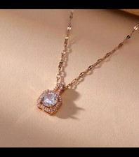 925 Sterling Silver rose gold Simple Sweet Square  Pendant Charms Chain Ch
