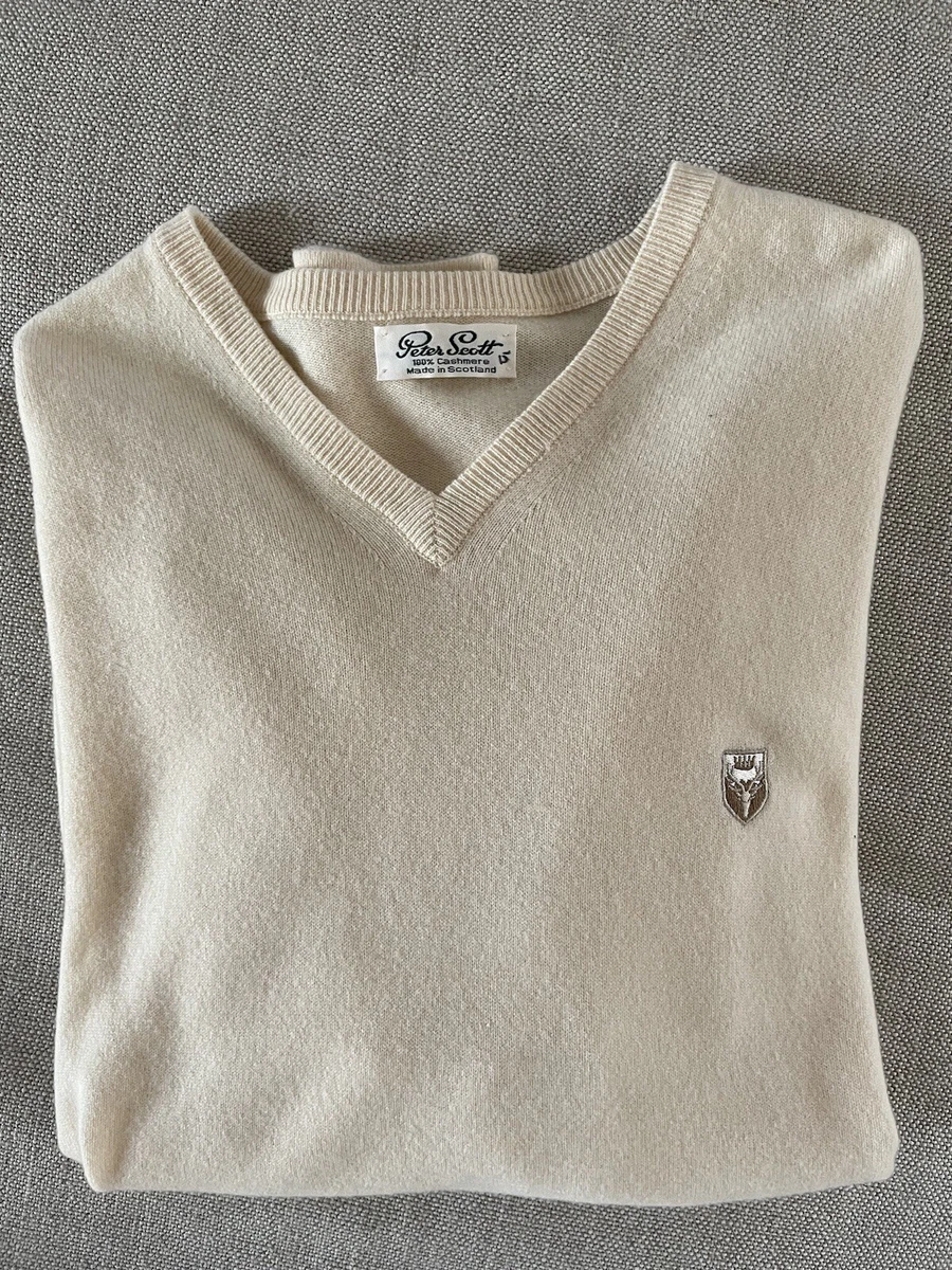 Peter Scott Made in Scotland Pure Cashmere V-Neck Sweater in Cream Size 42