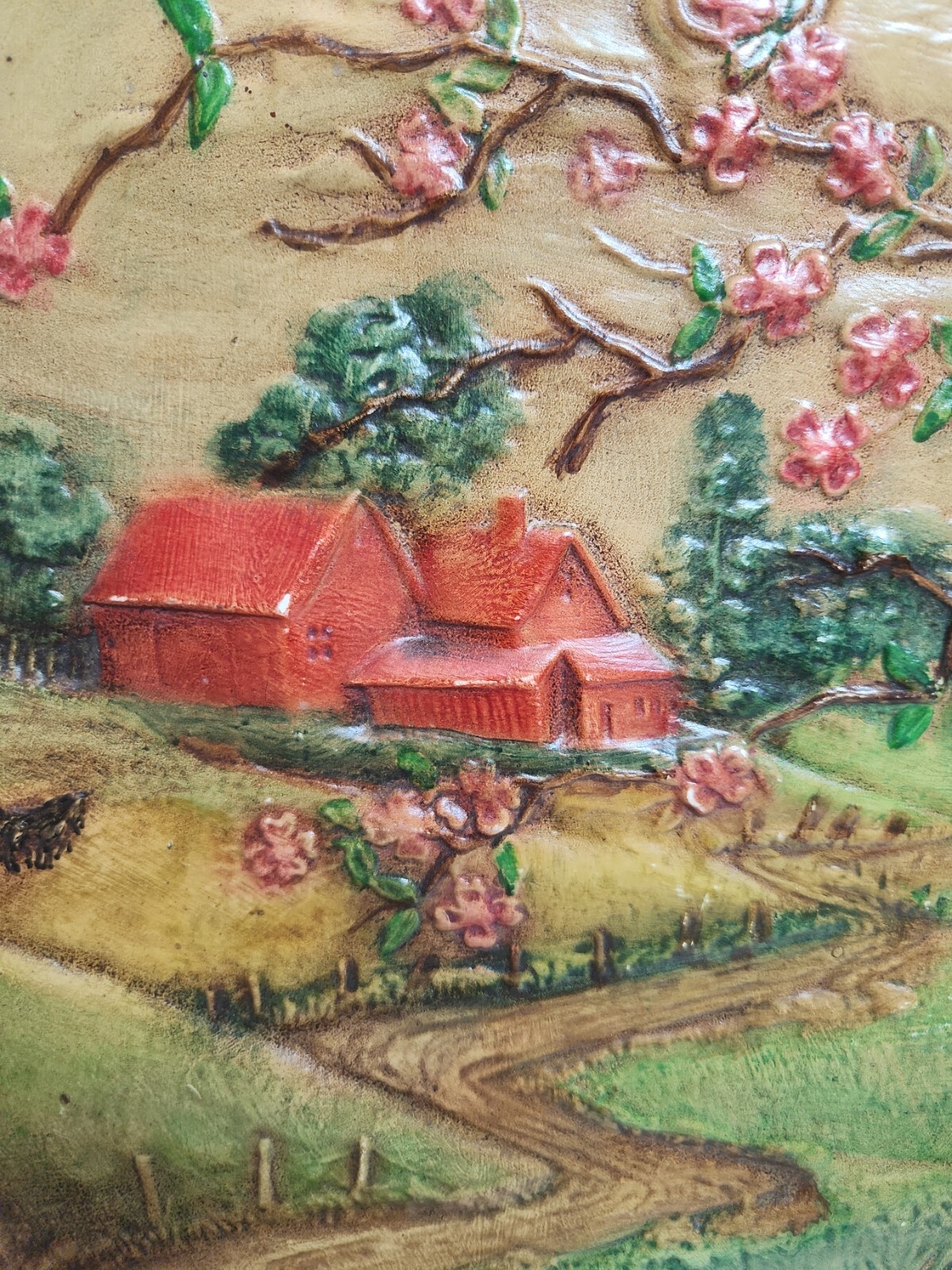 Vtg 1972 Byron Molds Country Farmhouse Spring Scene Ceramic Plate Wall Hanger
