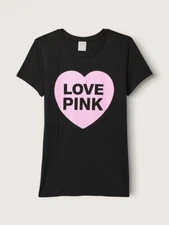 NEW Victoria's Secret PINK Perfect Tee Black Pink Heart T Shirt XS S M