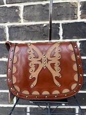 NWT$229 Patricia Nash Salerno Western Lux Leather Saddle Bag tan brown butterfly
