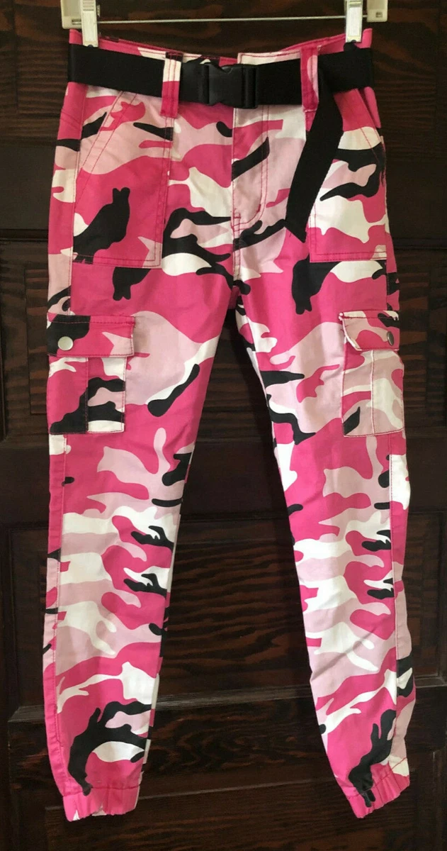 V.I.P JEANS Pink & Black Camo Camofloge Cargo Pants Size 5/27 Belt