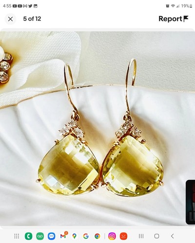 Solid 14k Yellow Gold Genuine Lemon Citrine (27ct) & Diamond Dangle Earrings - Picture 3 of 5
