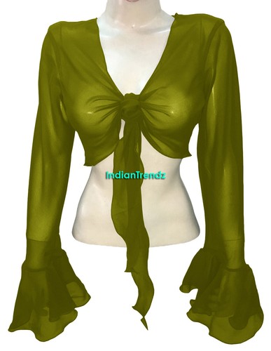 Chiffon Tie Top Belly Dance Bell Sleeve Wrap Choli Gypsy Haut Blouse Ruffle Bow - Picture 40 of 44