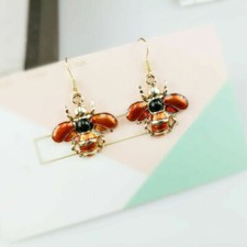 Cute New Yellow Gold Plated Enamel Bee Hook Dangle Earrings I