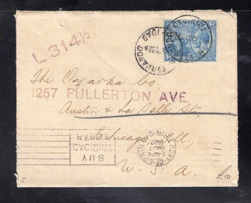Trinidad 1932 San Fernando to Chicago franked 3p ultramarine Britannia, Scott 25
