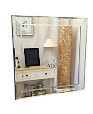 Modern Mitered Corner Art Deco Square Wall Mirror Bevelled Glass Silver 77x77cm