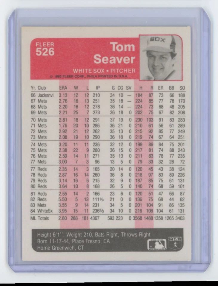 1985 Fleer Tom Seaver Chicago White Sox #526 - Image 2 of 2