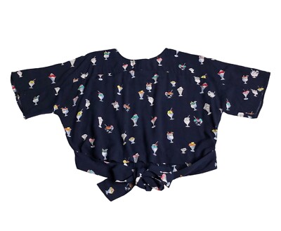 Zara Basic Ice Cream Print Top Womens Medium Blue Cropped Tie Front Short Sleeve