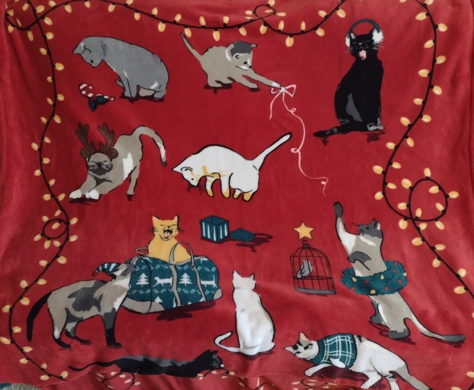 Vera Bradley Rojo Vacaciones Gatito Gato Navidad Manta Cálida Vellón 84"x52" Foto 3 de 4