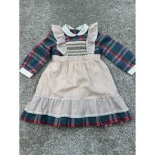 Vintage Kids Plaid Striped Ruffle Dress Cottagecore Holiday Green Red 5/6 0481