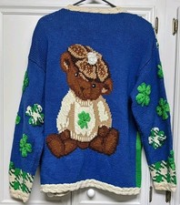 Vintage Eagles Eye St. Patricks Day Clover Teddy Bear Cardigan Sweater Sz M
