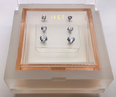 NEW Jacmel JCM 14k White Gold Diamonique Clear CZ Stud Earrings (3) Pair in Box