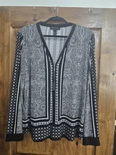 NWOT I.N.C. LADIES STRETCHY TUNIC TOP-XL-ZIPPER FRONT-BLACK & WHITE PAISLEY
