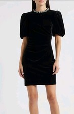 Eliza J Jeweled Neck Black Velvet Puffer Sleeve Dress Size 4