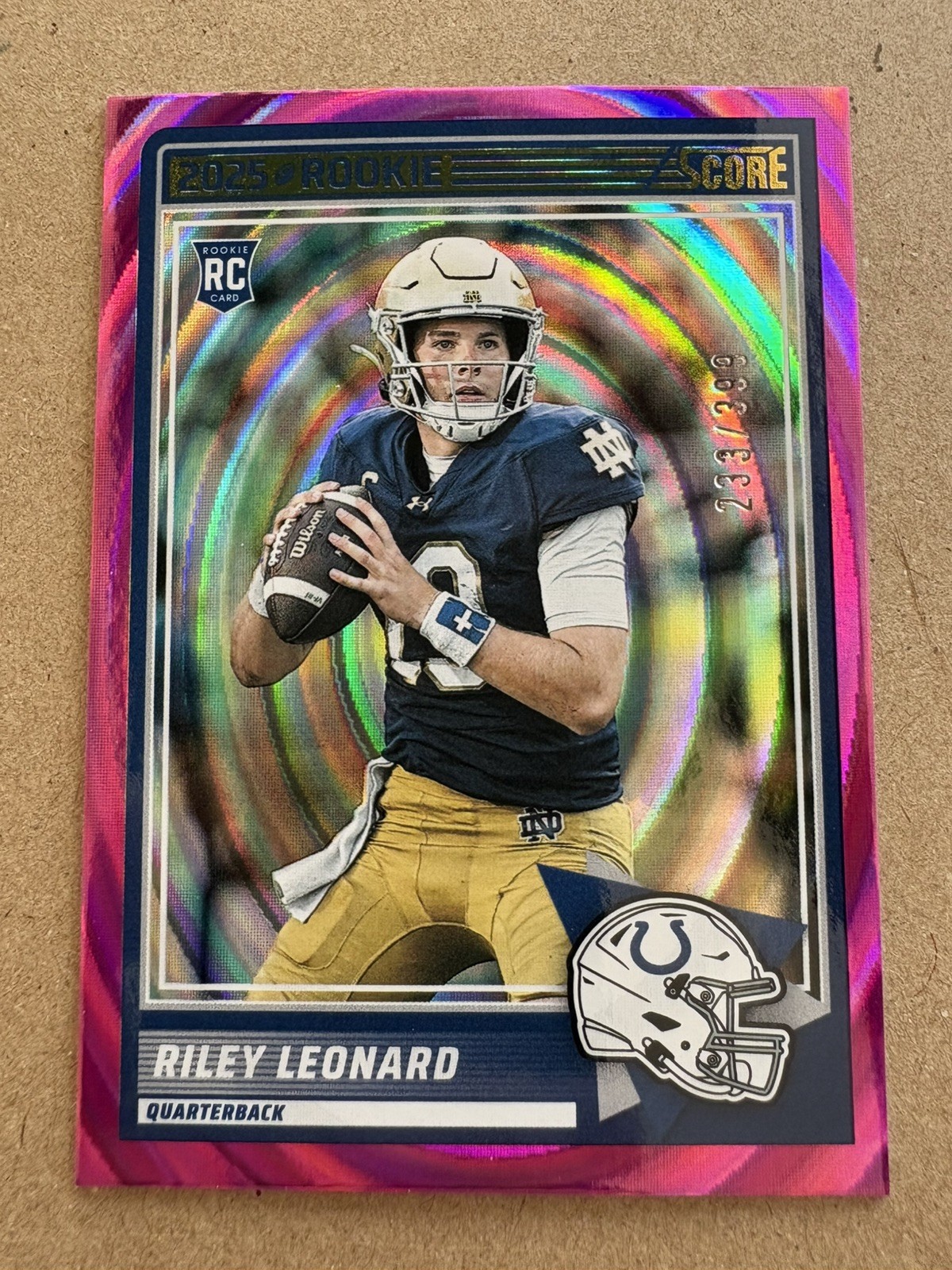 2025 Riley Leonard Panini Score Football Pink Ellipse /399 Rookie Card #9 Colts