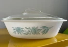 Vintage Glasbake Milk Glass Blue Thistle Flower Casserole Dish w/ Lid J235 1 Qt.