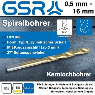 GSR Spiralbohrer 0,5mm - 16 mm HSS-TiN Kernlochbohrer Metallbohrer Qualitätsware