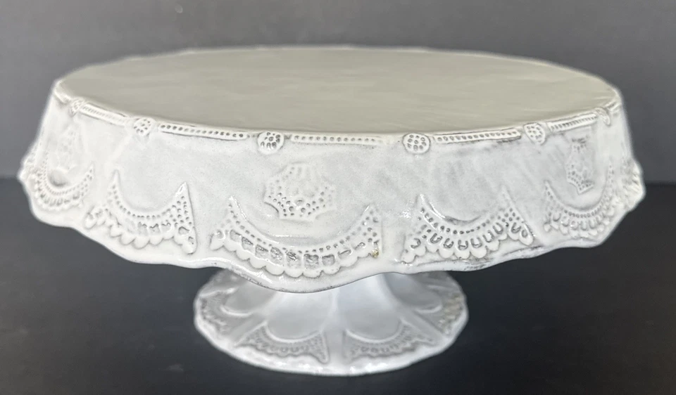 "Pedestal con soporte para pasteles Vietri postre blanco cerámica grabado encaje 11"" redondo Italia" Foto 4 de 4