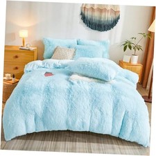 Shaggy Fluffy Comforter Cover Set   Faux Fur Shaggy Bedding 3 Queen Light Blue