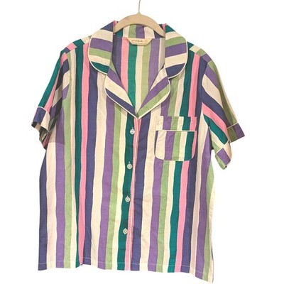 PrintFresh Striped Pajama Top Short Sleeve Button Down Collared Size S