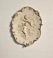 Vintage Cherubs Angels Lyre Harp Book Ceramic Wall Hanging Cream Plaque 7"x 5.5"