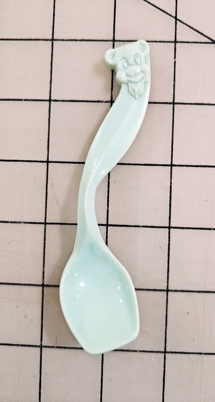 Vintage Small Green Curved Teddy Bear Baby Plastic Spoon 1950's