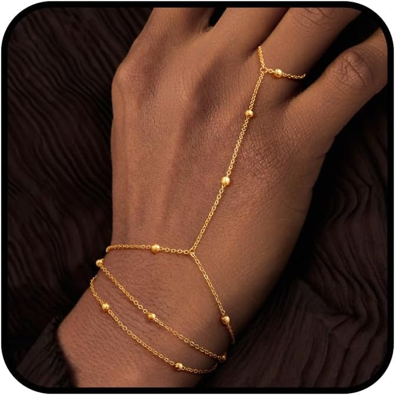 Gold Hand Chain Bracelet For Women, 14k Gold Plated Finger Ring Bracelet Dainty - Product main view