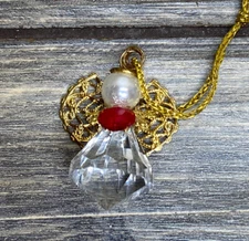 Vtg Christmas Ornament Acrylic & Craft Pearl Angel Red Craft Gem Heart 1.5”