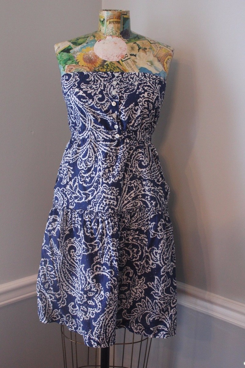 American Eagle Outfitters Dress 6 Blue White Paisley Print Lined Strapless  #1282