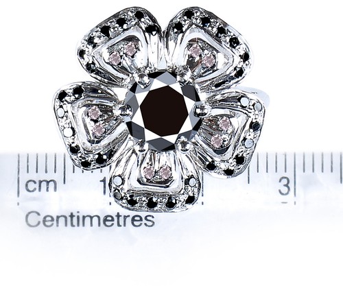 4.36 ct AAA BLACK MOISSANITE & NATURAL ROUGH DIAMOND .925 SILVER FLOWER RING - Picture 2 of 2
