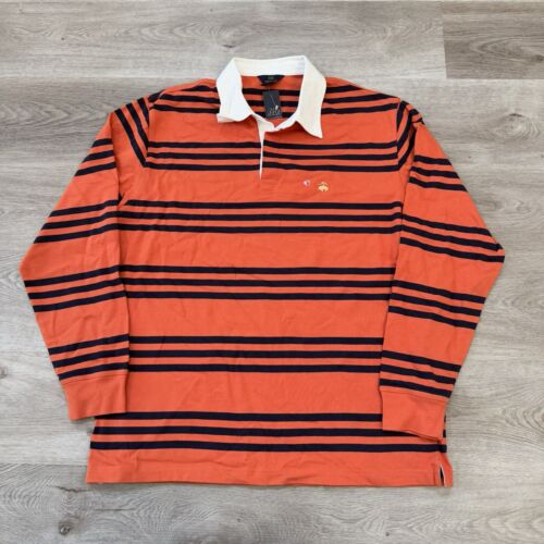 NWT Brooks Brothers Rugby Polo Shirt Men Large Orange Blue Striped Long Sleeve