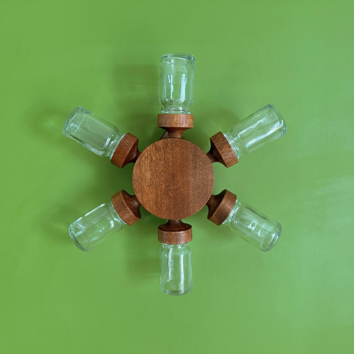 Japanese Teak Rotating Spice Wheel Rack, Jars, Mid Century Vintage,  Original