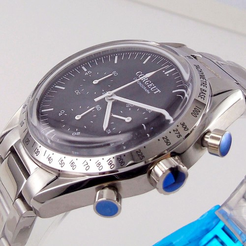40mm Corgeut Men's Quartz Watch Chronograph Black/White/Blue Dial Domed Glass - Picture 5 of 17