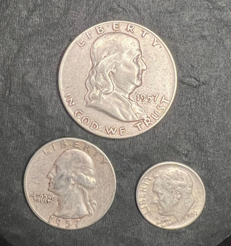 1957 P Franklin Half, 1957 P Washington Quarter, 1957 P Dime 90% Silver Lot of 3
